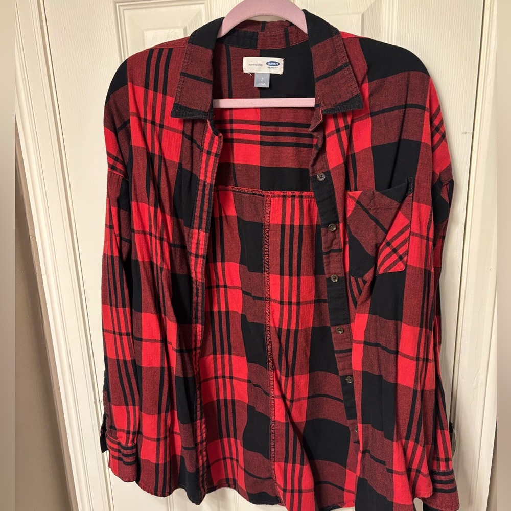Old Navy Red and Black Plaid Boyfriend Button Down Shirt